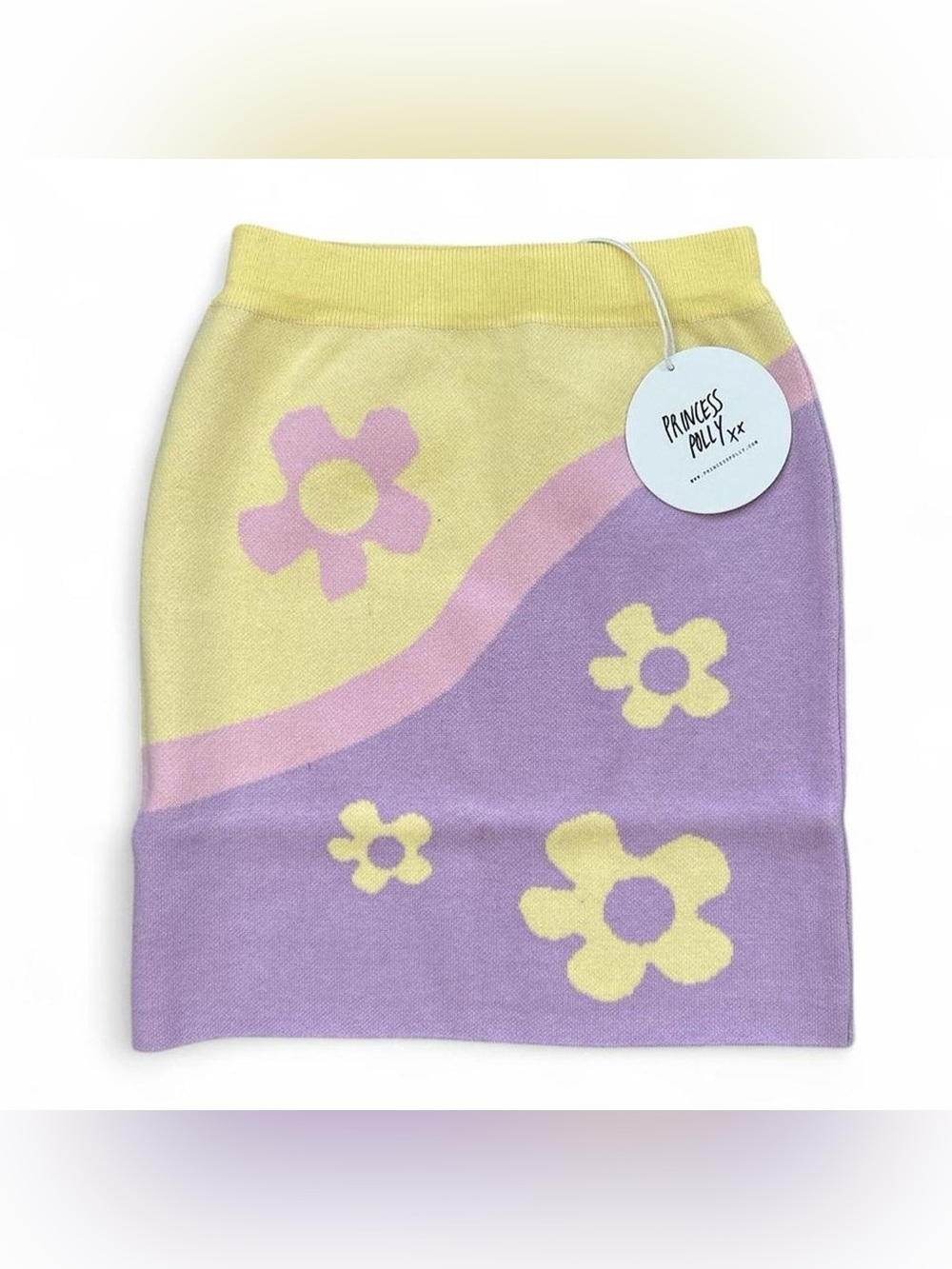 Princess Polly Pastel Yellow, Lavender & Pink Floral Knit Pencil Skirt